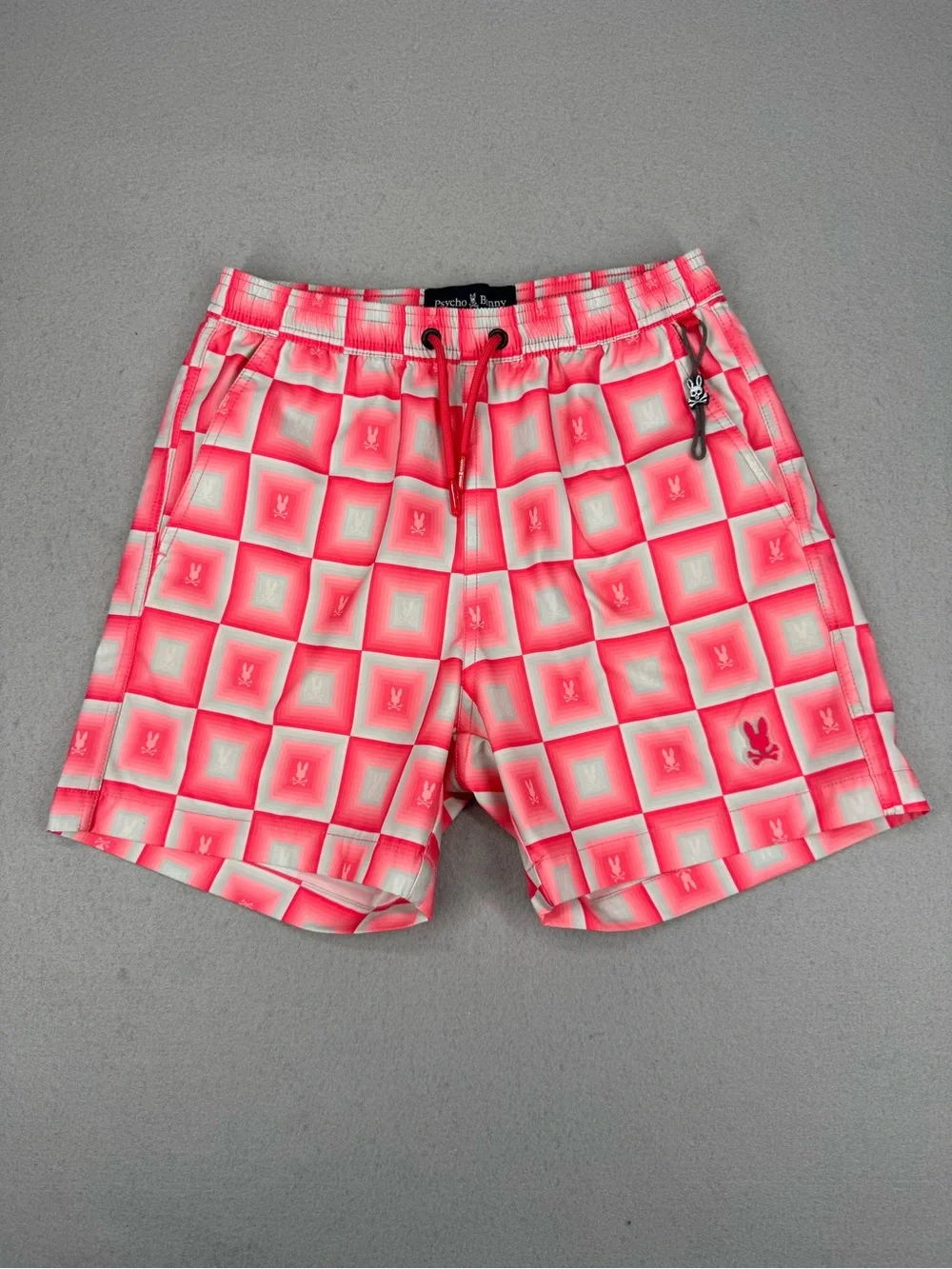 Psycho Bunny Pink/Coral Geo Print Swim Trunks Boys 10/12 BOW399B2SW